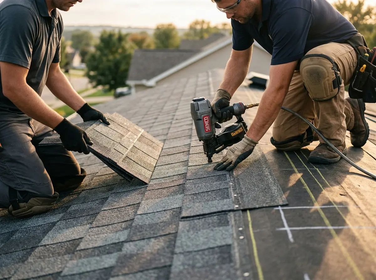 Professional roofer working on a residential roof in Huntersville
